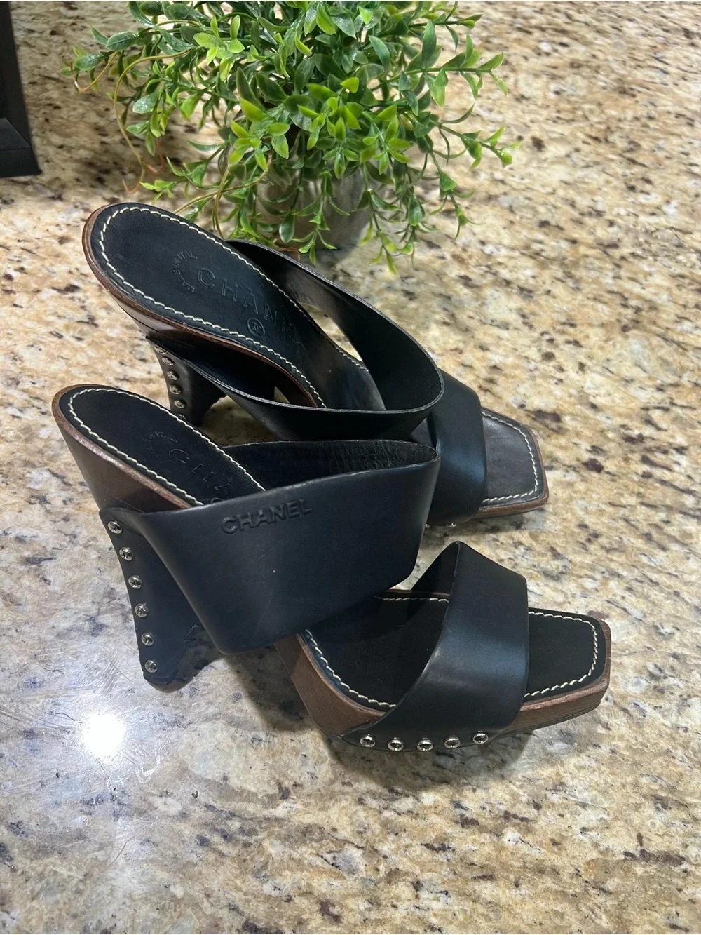 CHANEL Black Leather Studded Platform Mules 36.5